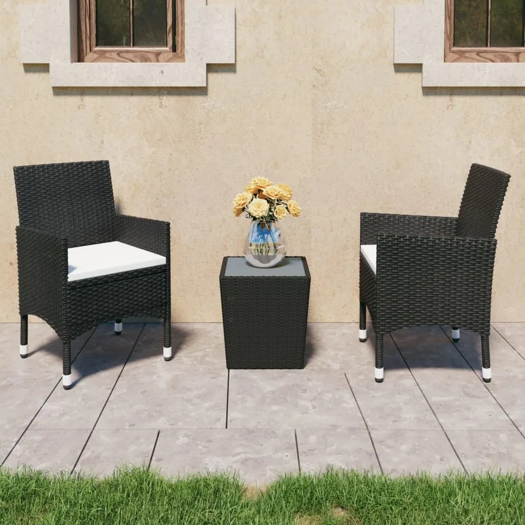 Set da bistrot per giardino 3 pz in polyrattan e vetro nero