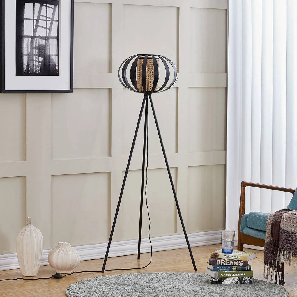 Lampada da terra Lindby Tamira, nera, rattan, altezza 143 cm, E27