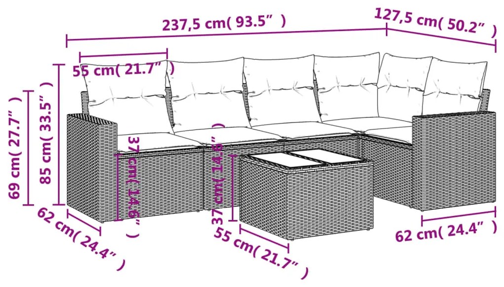 Set divano da giardino 6pz con cuscini grigio chiaro polyrattan