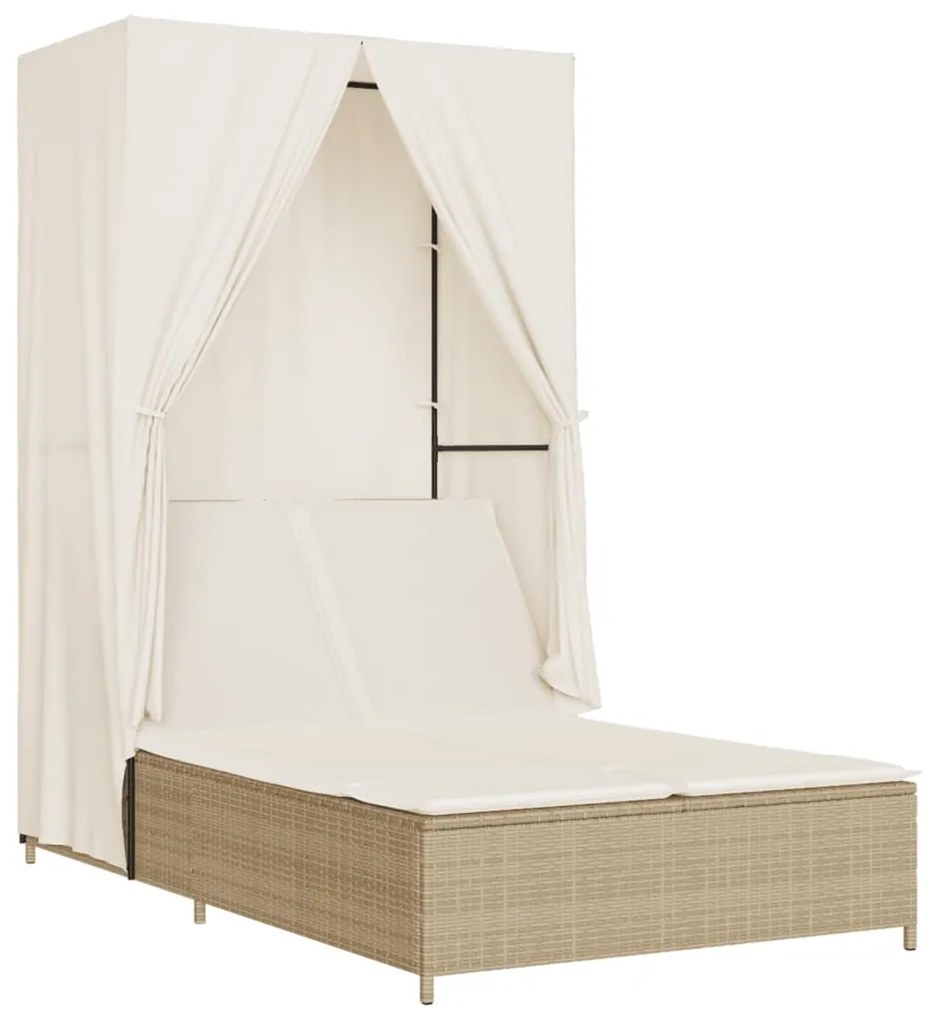 Lettino prendisole con tetto e tende beige in polyrattan