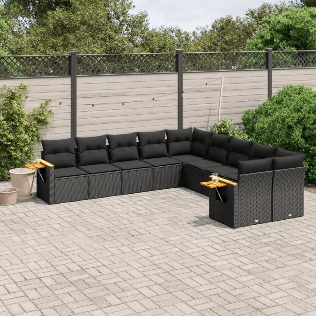 Set divani da giardino 10pz con cuscini in polyrattan nero