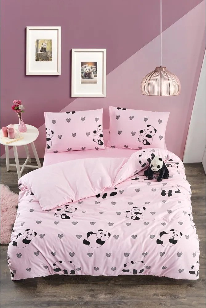 Set copripiumino e federa rosa per letto singolo o esteso con lenzuolo incluso/3 pezzi 160x220 cm Panda – Mila Home