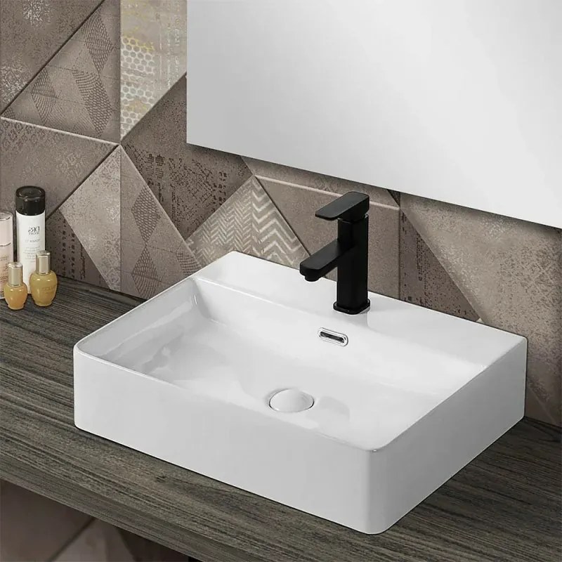 Lavabo da appoggio in ceramica 50x42 cm rettangolare bianco lucido