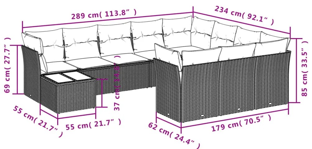 Set divani da giardino 11 pz con cuscini in polyrattan grigio