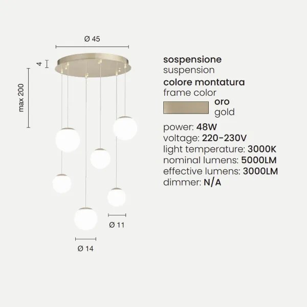 Lampada a sospensione in metallo verniciato Oro SANTOS 6 Luci Led