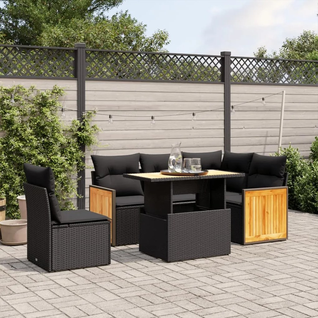 Set divano da giardino 6 pz con cuscini nero in polyrattan