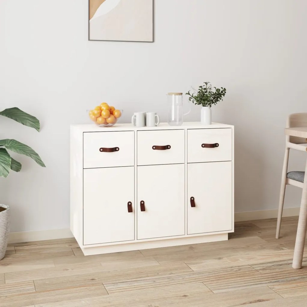 Credenza Bianca 100x40x75 Cm İn Legno Massello Di Pino /