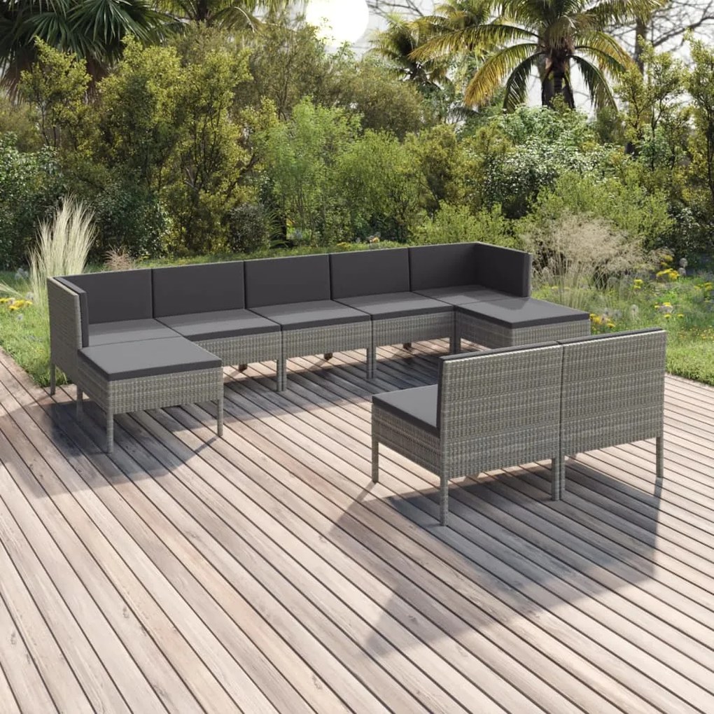 Set divani da giardino 9 pz con cuscini in polyrattan grigio