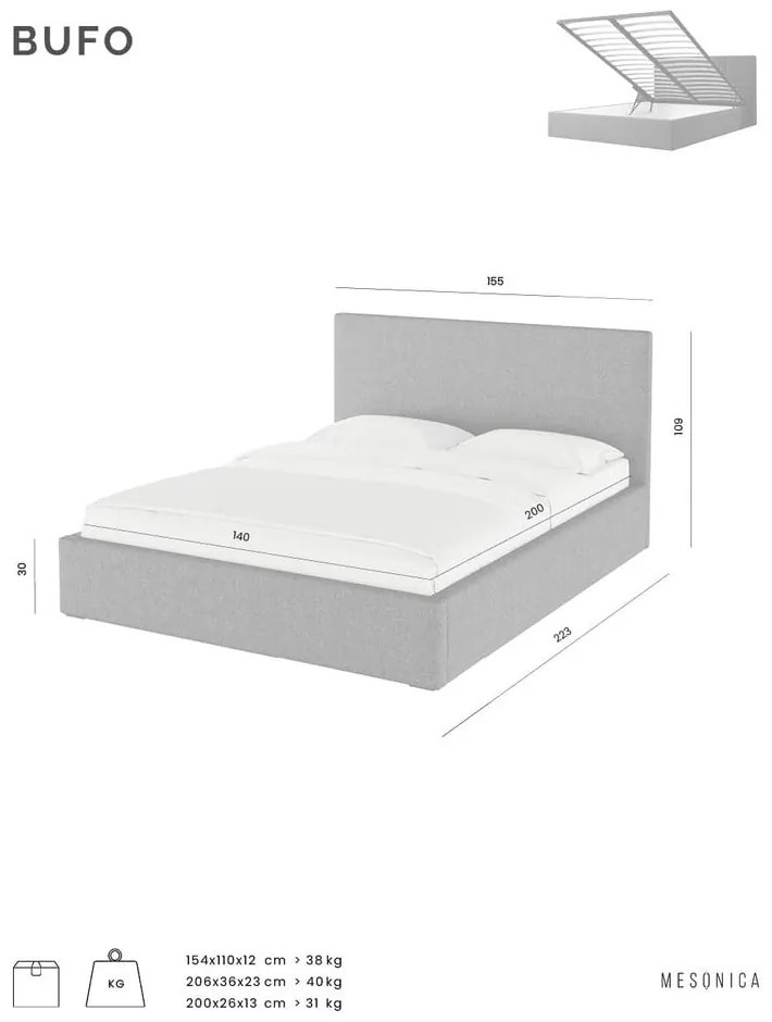 Letto matrimoniale imbottito beige con contenitore con griglia 160x200 cm Bufo - MESONICA