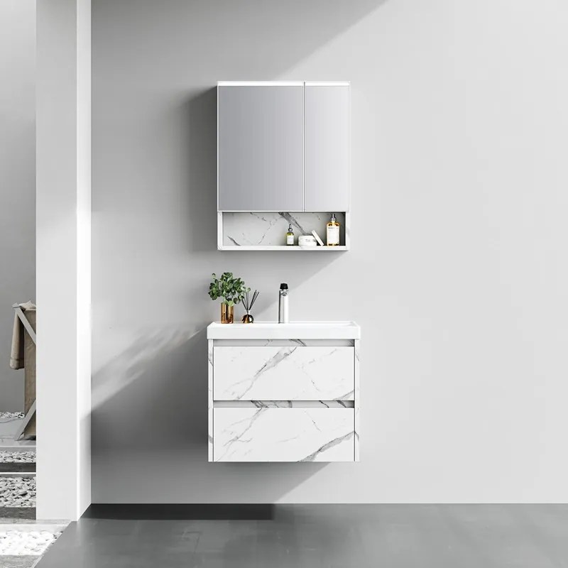 Kamalu - Mobile bagno sospeso 60 cm finitura marmo e specchio contenitore | KAM-VV60