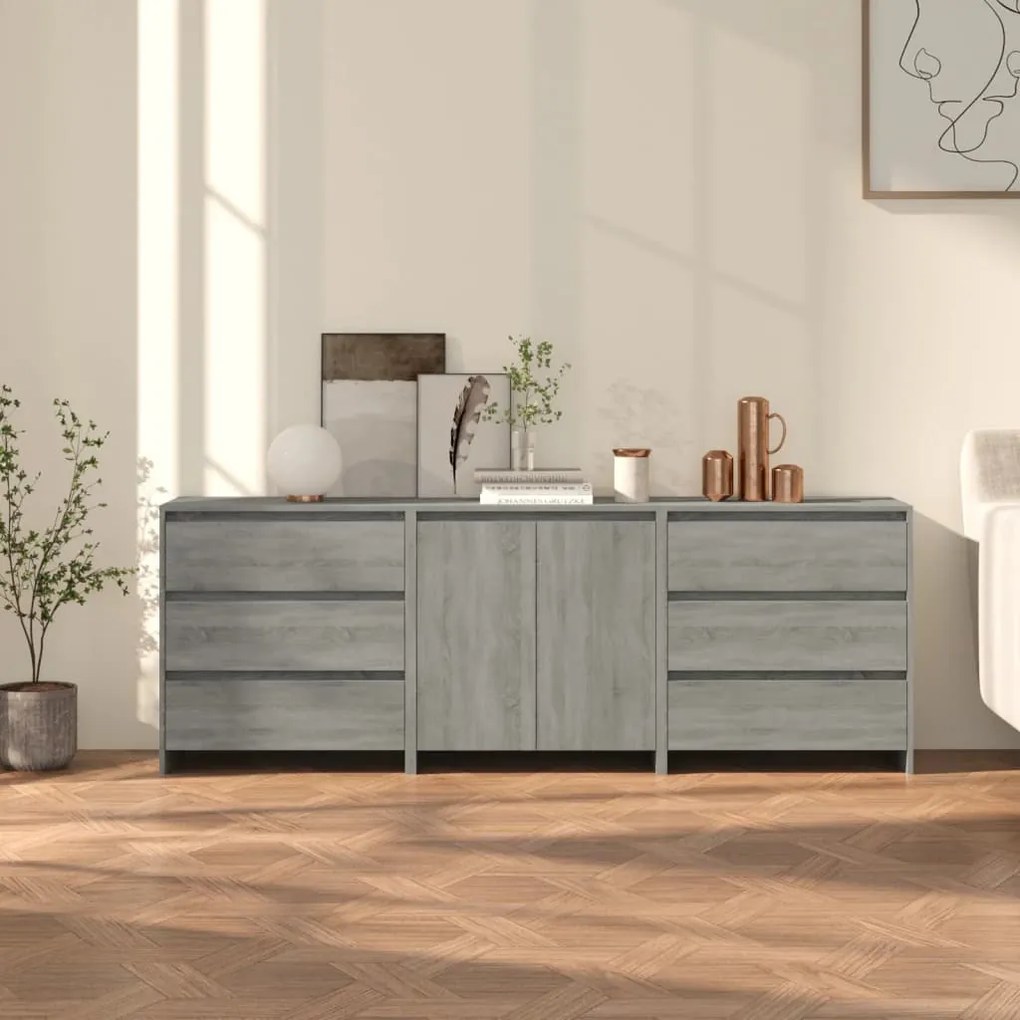 Credenze 3 pz grigio sonoma in legno multistrato