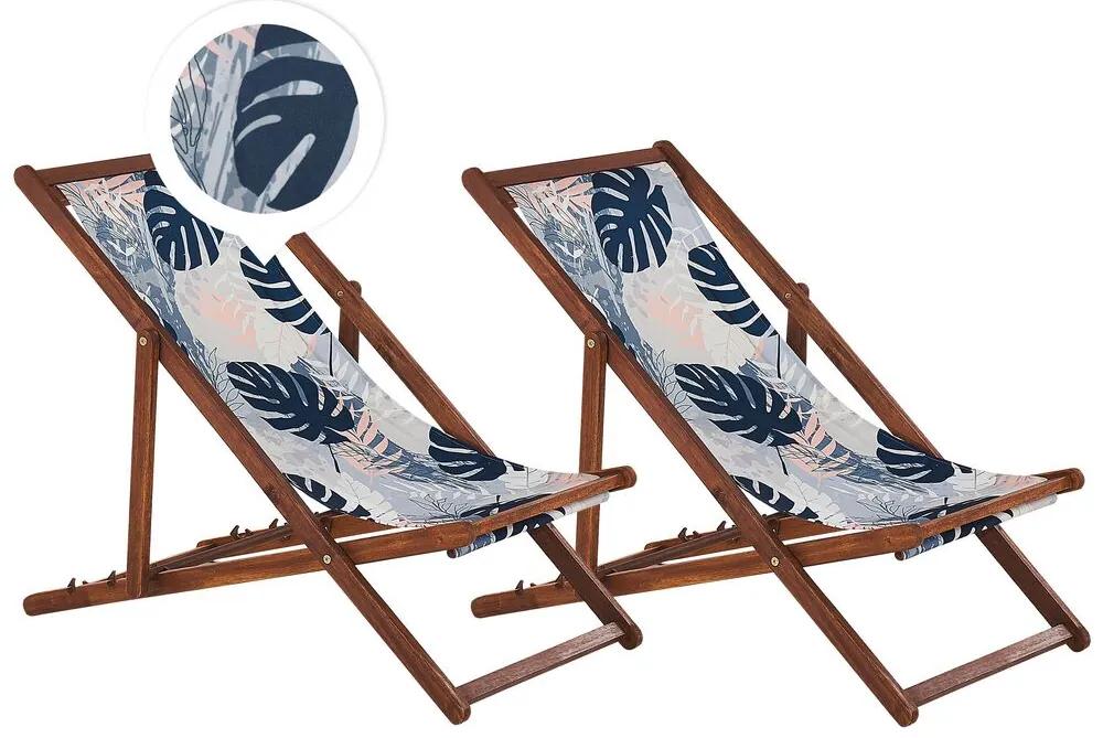 Set di 2 sedie a sdraio legno acacia scuro motivo foglie tropicali blu ANZIO Beliani
