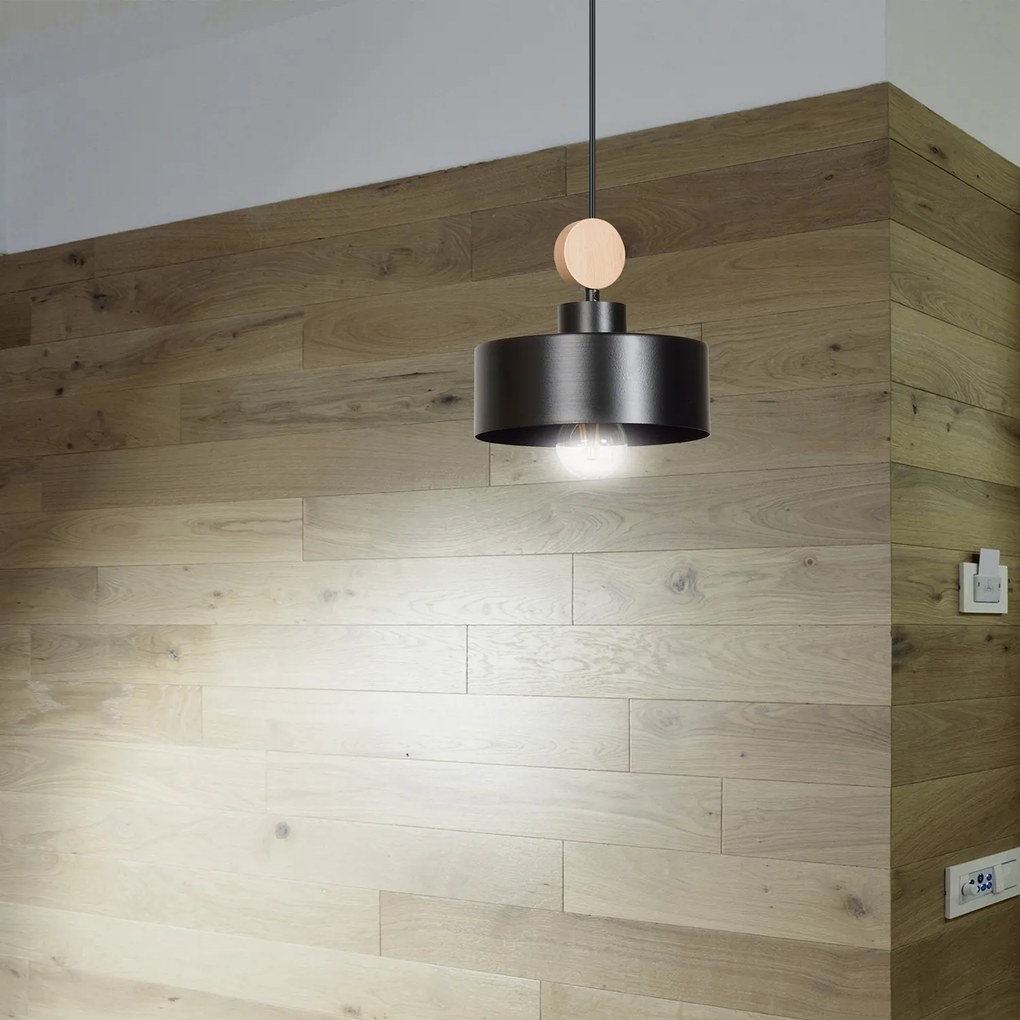 Sospensione 1 Luce Zhurong In Acciaio Nero E Legno Naturale