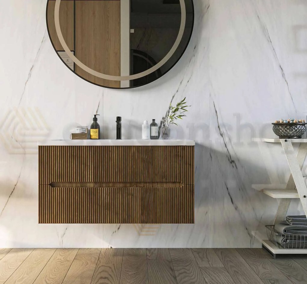 Mobile bagno noce chiaro 90x46 cannettato Urbino due cassetti con lavabo in ceramica frontale