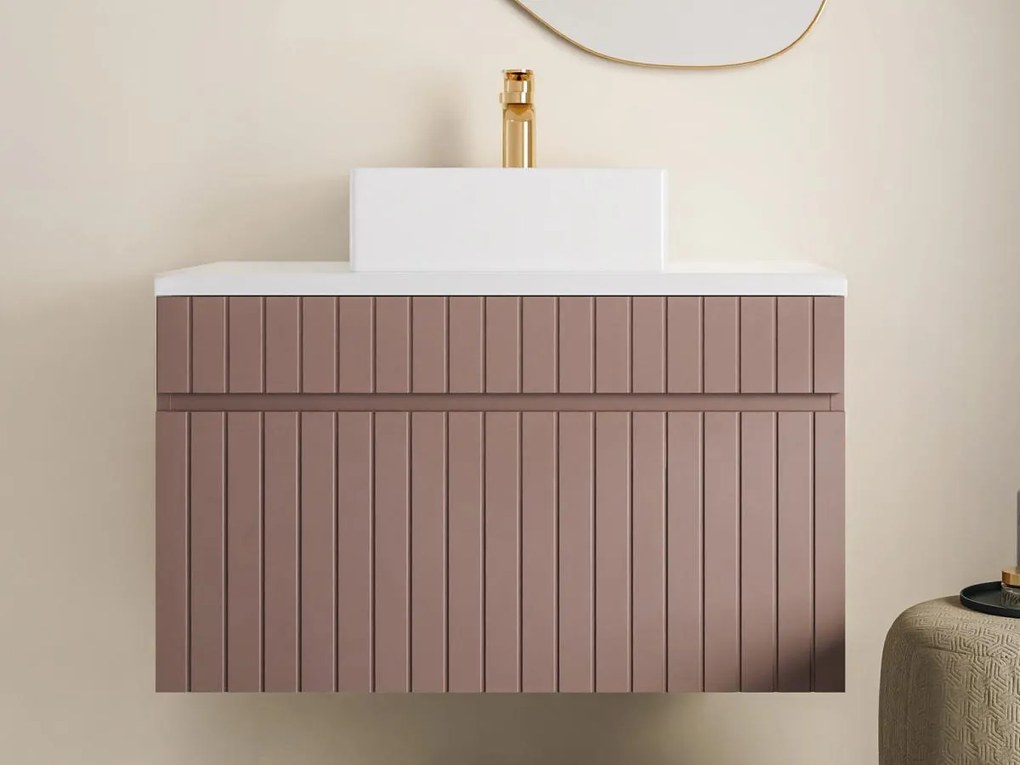 Mobile per bagno sospeso scanalato con lavabo da appoggio 80 cm Rosa - SATARA