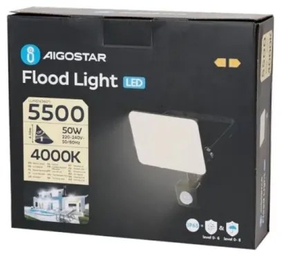 Aigostar - Riflettore LED con sensore LED/50W/230V 4000K IP65 nero