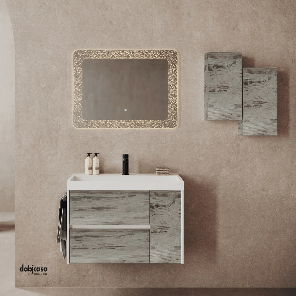 Mobile Bagno Sospeso "Portofino" Da 80 Cm Composto Da Due Cassetti Ed Un Anta Lavabo E Specchio Finitura Grigio Antico