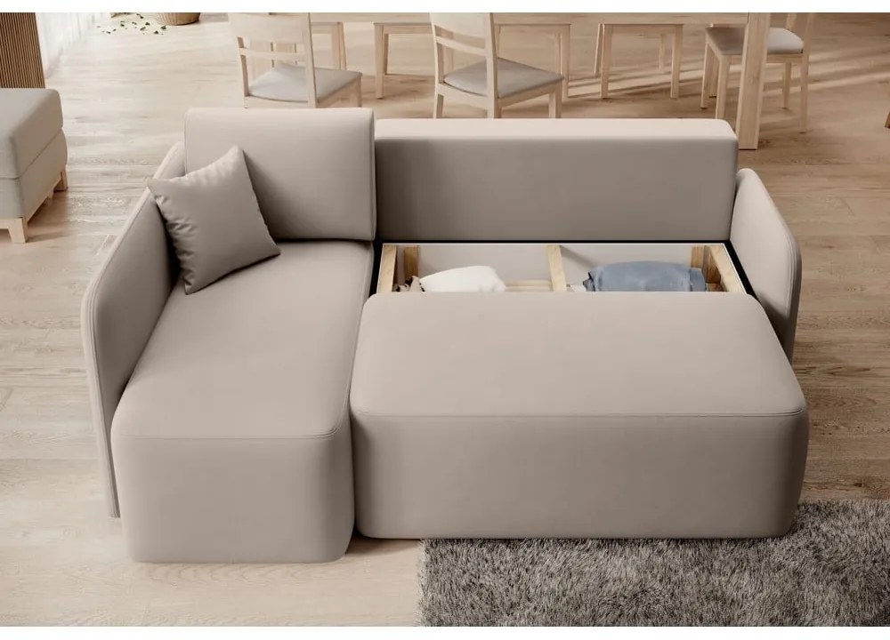 Divano angolare beige allungabile/con contenitore (con penisola a sinistra/con chaise lounge) e rivestimento in velluto Hadson – ELTAP