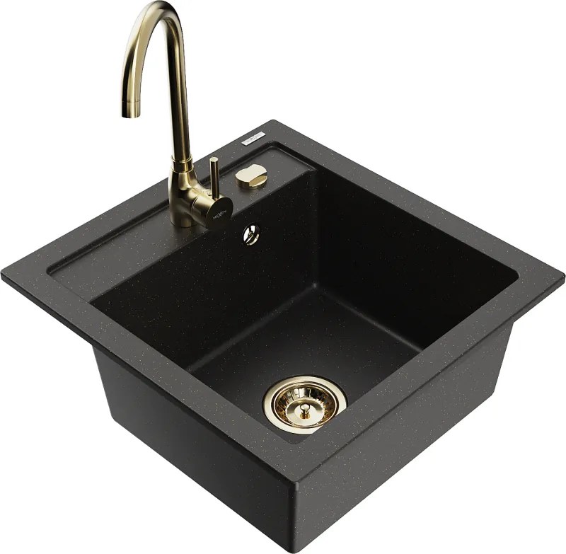Mexen Vito lavello in granito a 1 vasca con rubinetto da cucina Telma, nero/oro metallico - 6503-75-670200-50