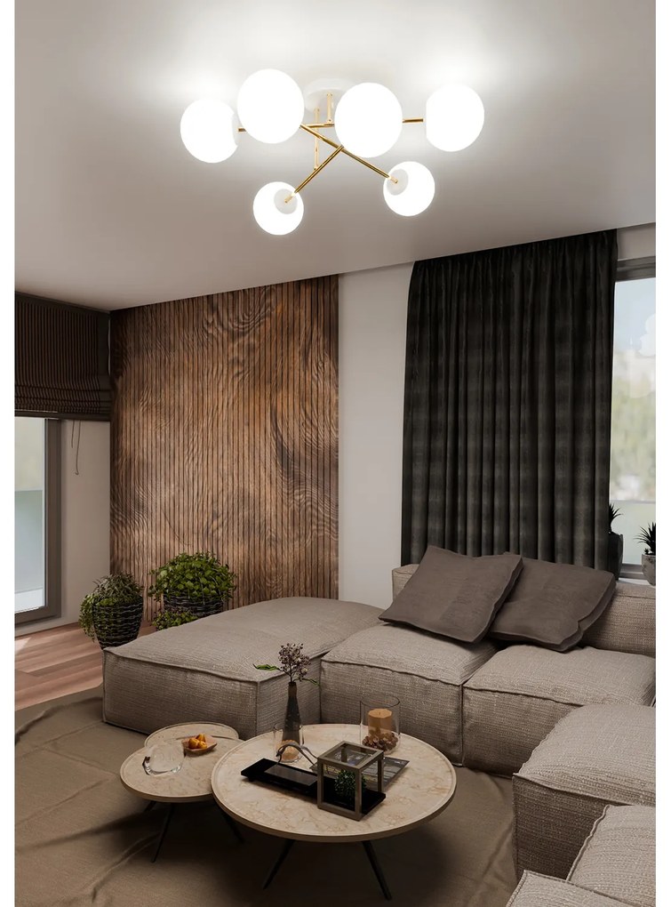 Plafoniera Moderna Magnium 6 Luci In Acciao Oro E Sfere In Vetro Bianco