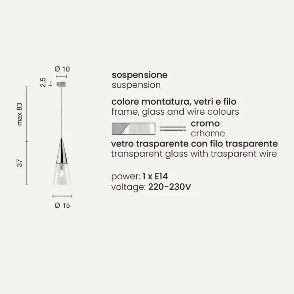 Lampada a sospensione TRENTO 15 cm con diffusore in vetro soffiato Cromo