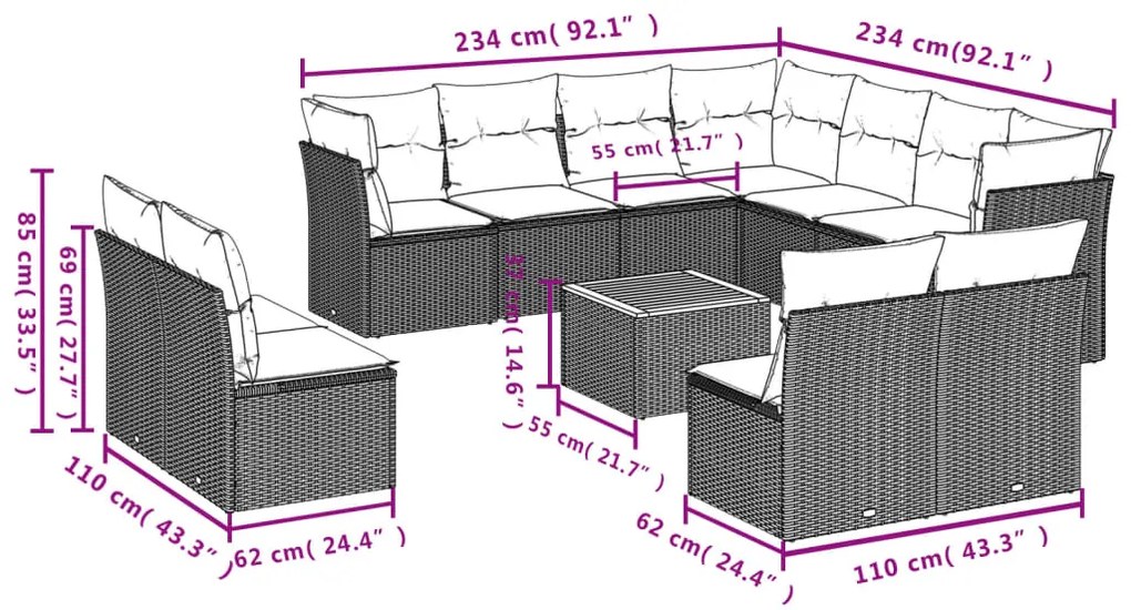 Set Divani da Giardino 12 pz con Cuscini Beige in Polyrattan