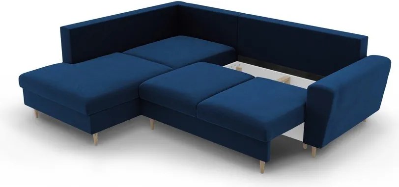 Divano angolare blu allungabile e con contenitore (con penisola a sinistra/a L) con rivestimento in velluto Kyoto – Cosmopolitan Design