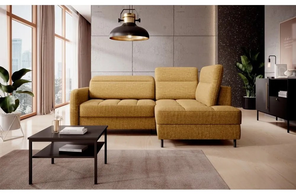 Divano angolare giallo allungabile/con contenitore (con penisola a destra/a L) e rivestimento in velluto Barea – ELTAP