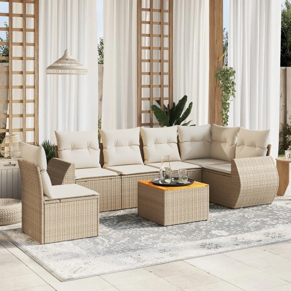 Set Divani da Giardino 7 pz con Cuscini Beige in Polyrattan