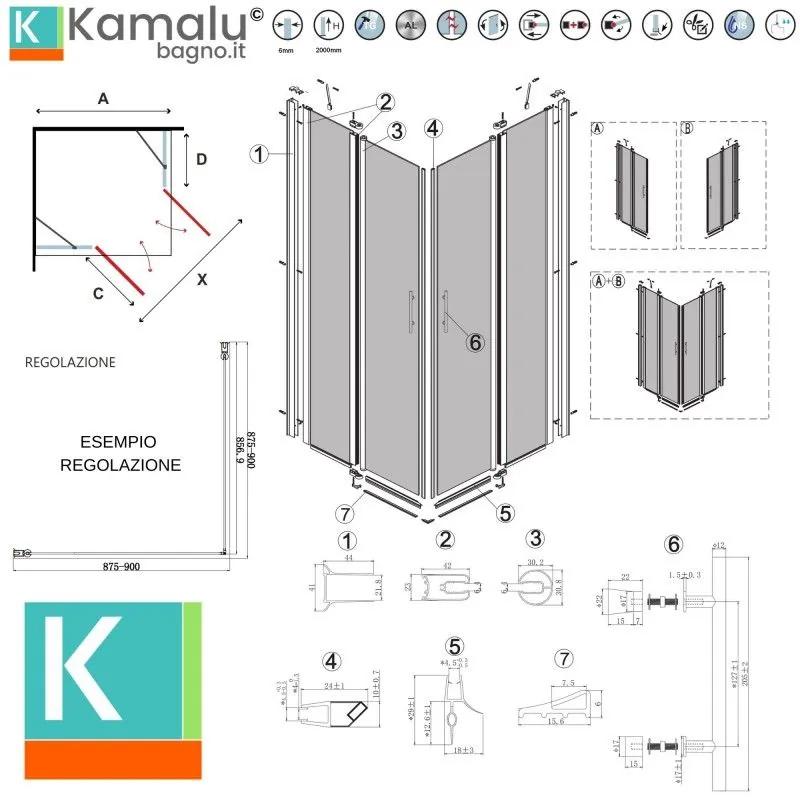 Kamalu - cabina doccia nera 75x100 doppio battente | kpx1000n