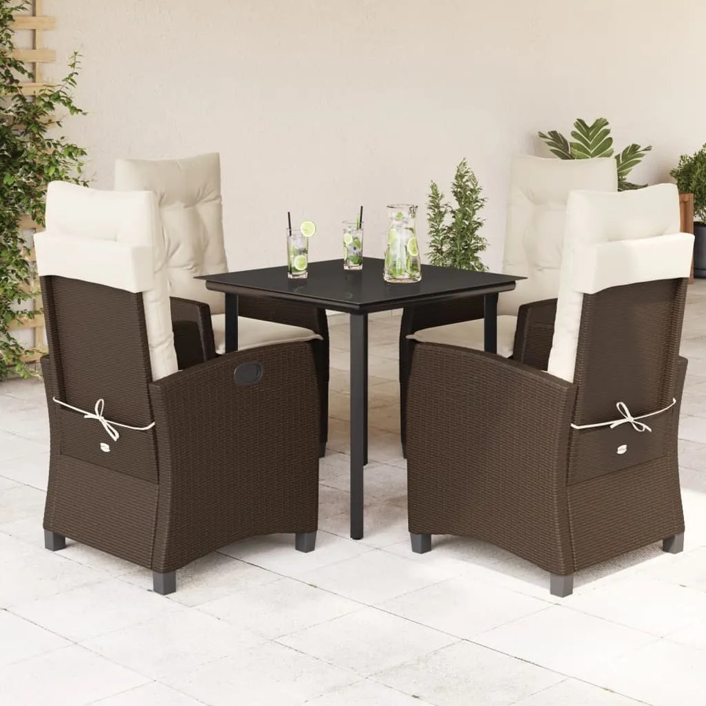 Set da Pranzo da Giardino 5pz con Cuscini in Polyrattan Marrone