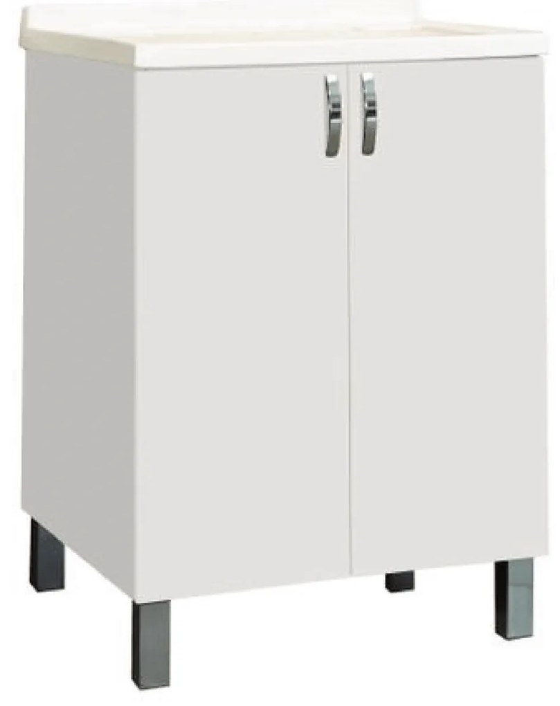 Lavatoio a Terra 60x60 Due Ante Con Vasca e Tavoletta In Legno Savini "Lavanderia" Bianco