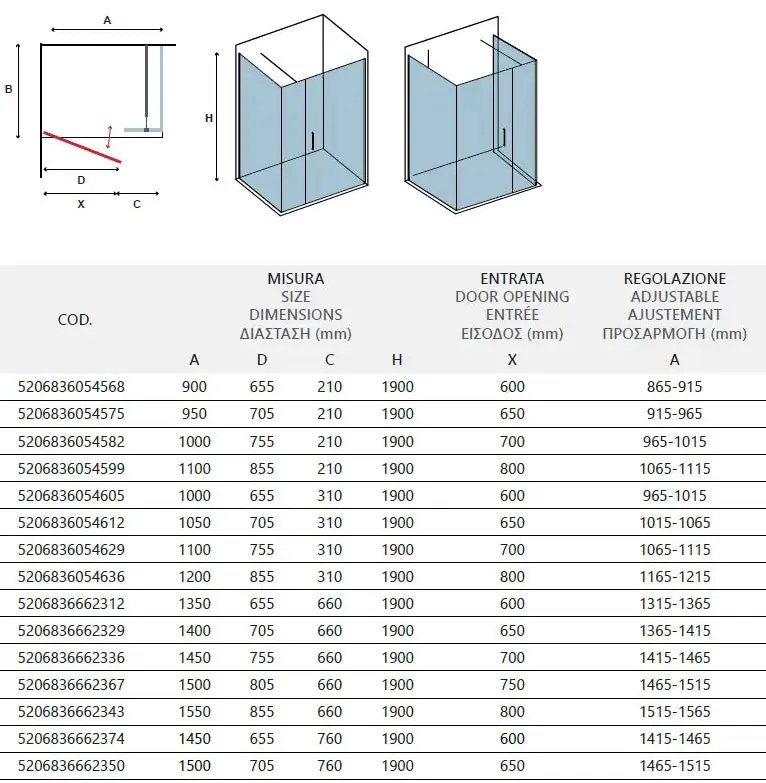 Box Doccia H200 Anta Battente Cristallo 6mm