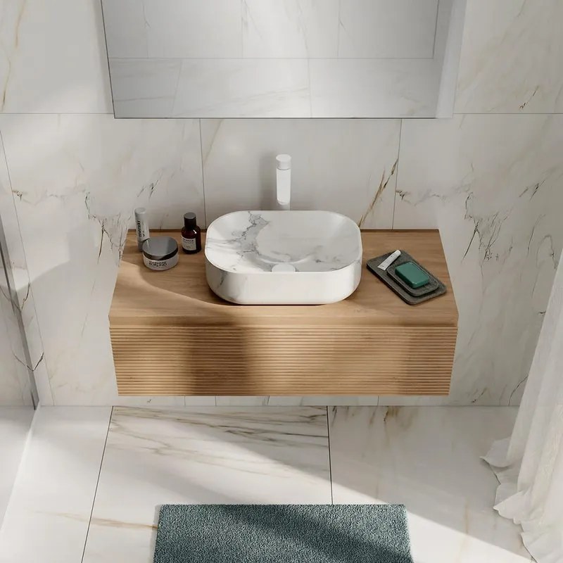 Lavabo Nube L45 x H13 x P32, in ceramica finitura calacatta