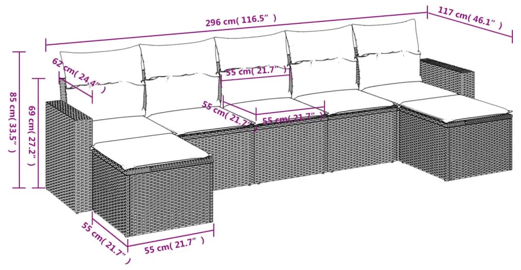 Set divani da giardino 7 pz con cuscini grigio in polyrattan