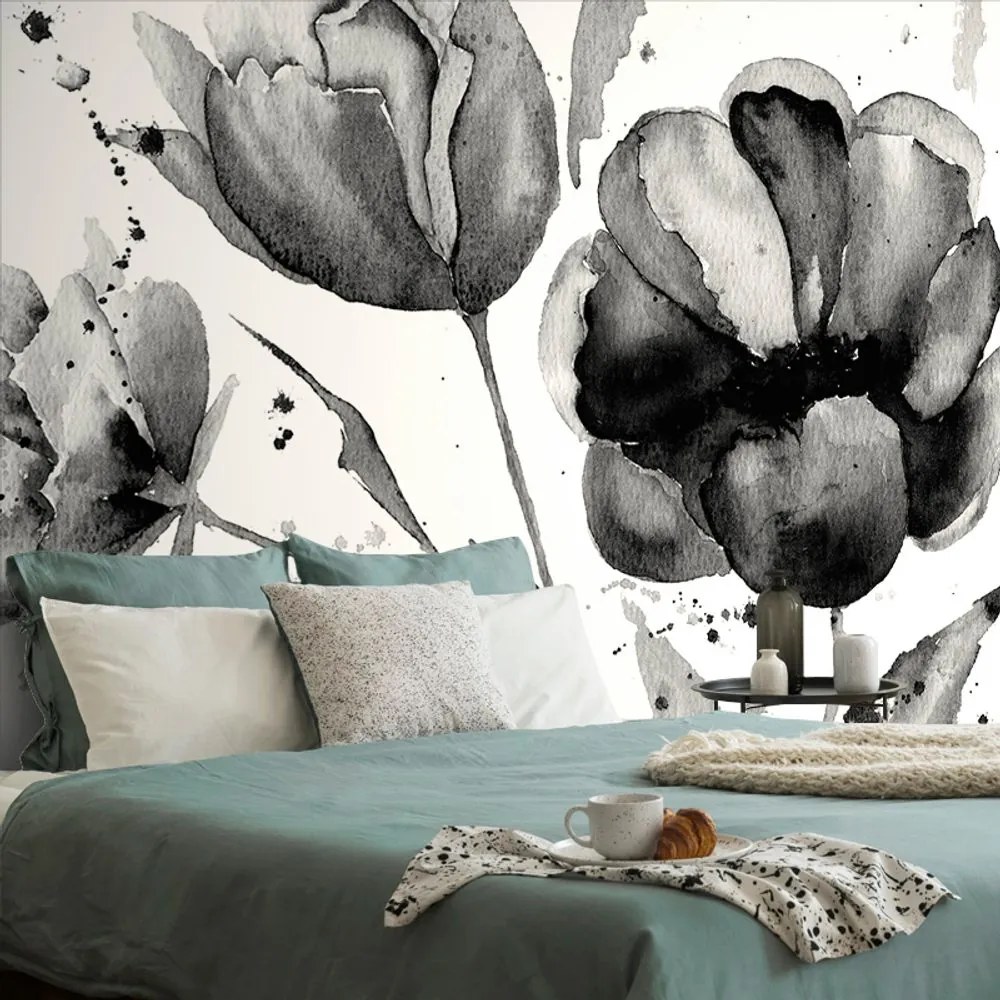 Carta da parati – Tulipani in Bianco e Nero in Stile Particolare