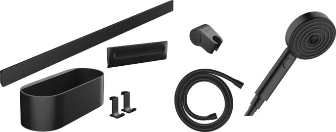 Kit doccia 7pz con doccetta 3jet flessibile supporto cestino appendino tergivetro e barra sostegno nero opaco hansgrohe wallstoris 24291670