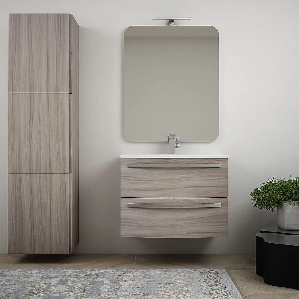 Mobile bagno 75 cm Larice sospeso bombato - Berlino con specchio filo lucido e colonna da 170 cm