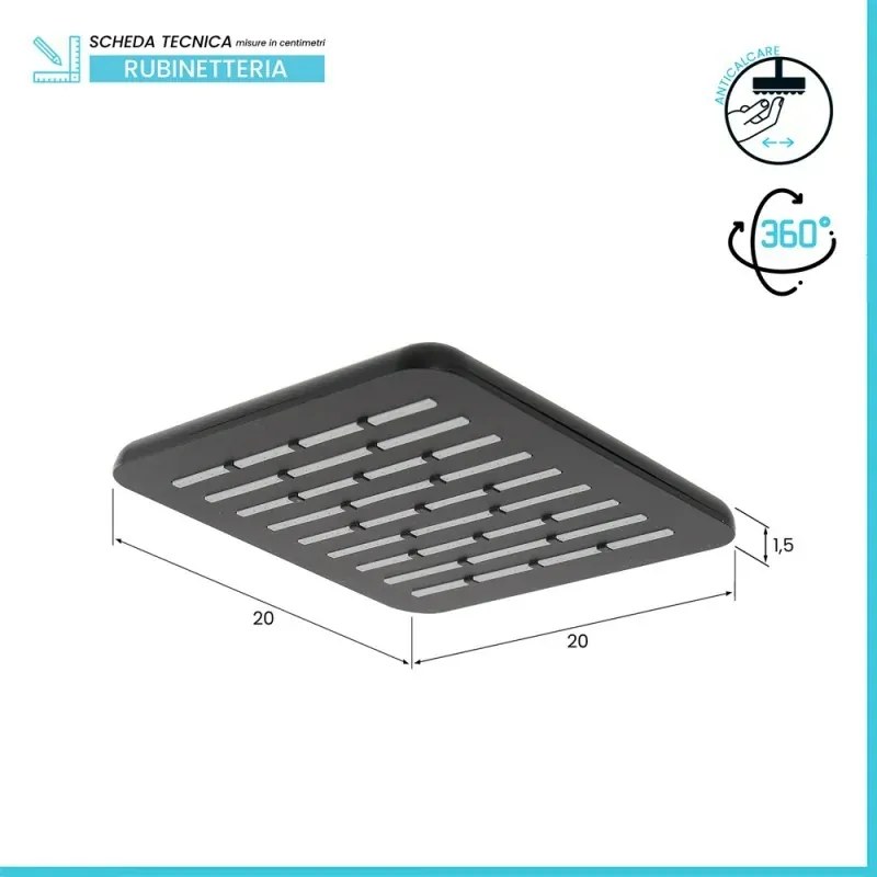 Soffione doccia 20 x 20 cm in finitura nero anticalcare Hidra