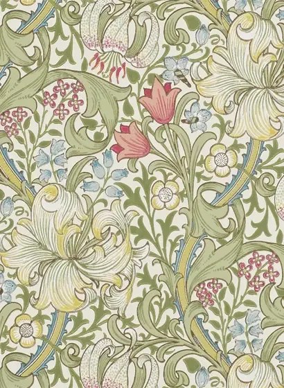 Morris & Co Carta da parati Golden Lily - Green/ Red
