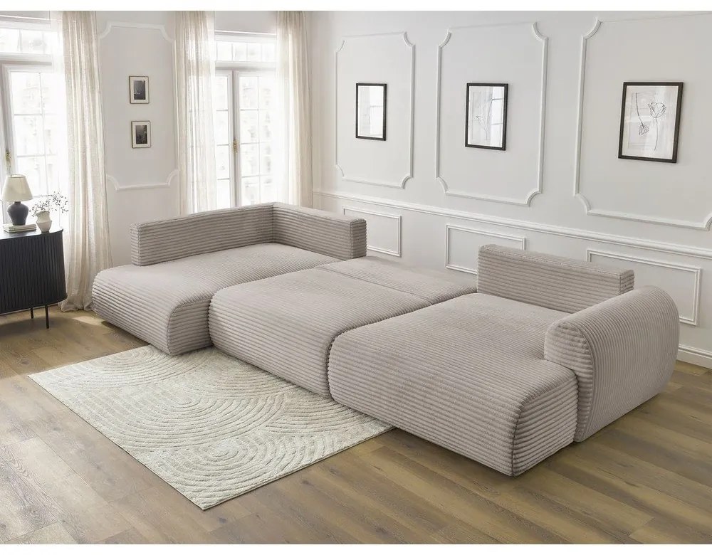 Divano angolare in grigio chiaro/beige allungabile (con penisola a destra/a forma di "U") con rivestimento in velluto a coste Lucien – Bobochic Paris