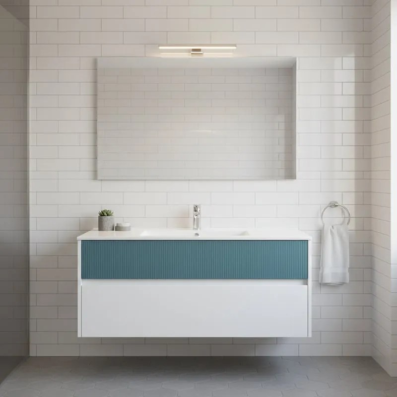 Mobile da bagno sospeso sotto lavabo Niwa 2 cassetti L 119.5 x H 50 x P 45.5 cm bianco e blu cannettato
