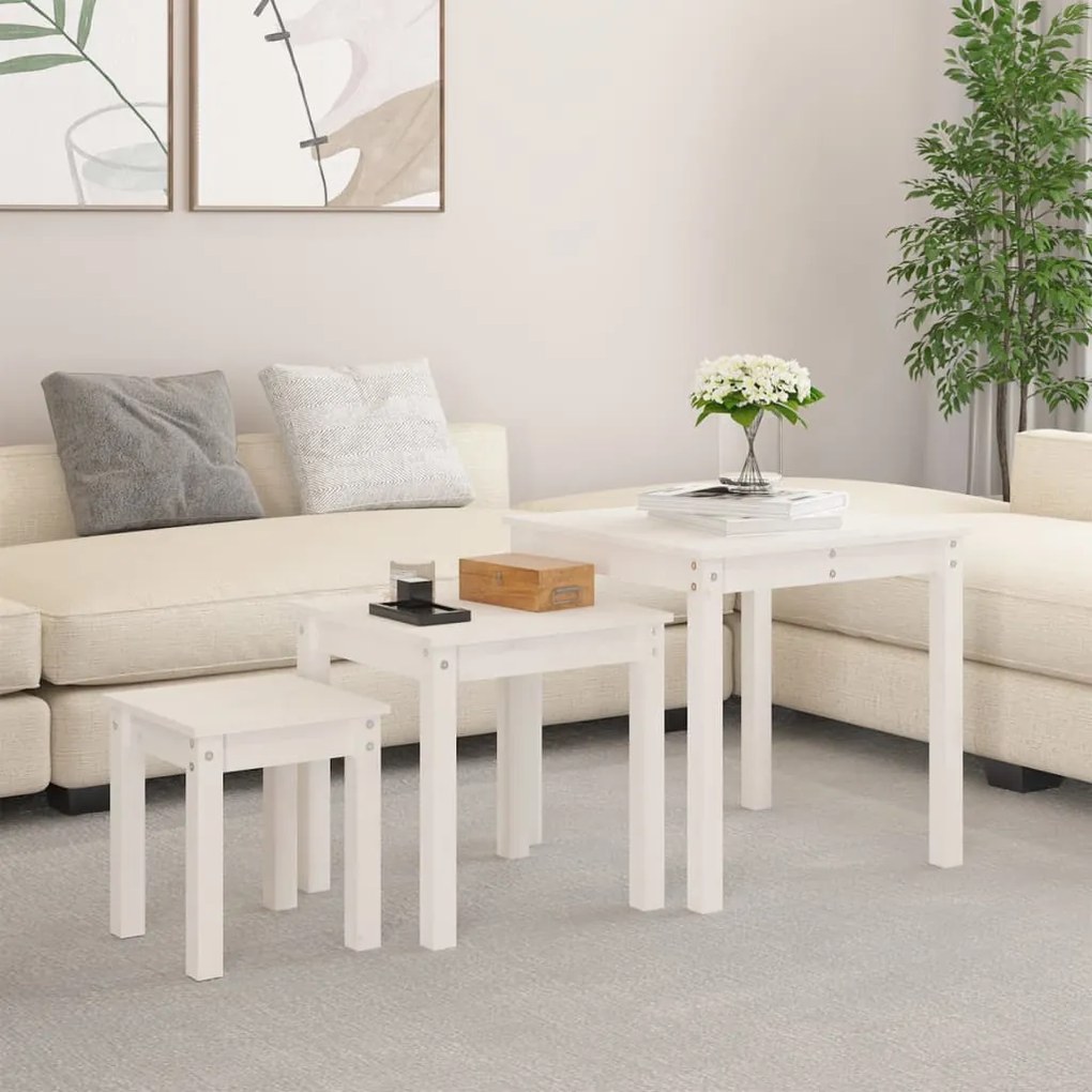 Tavolini A Incastro 3 Pz Bianco İn Legno Massello Di Pino /