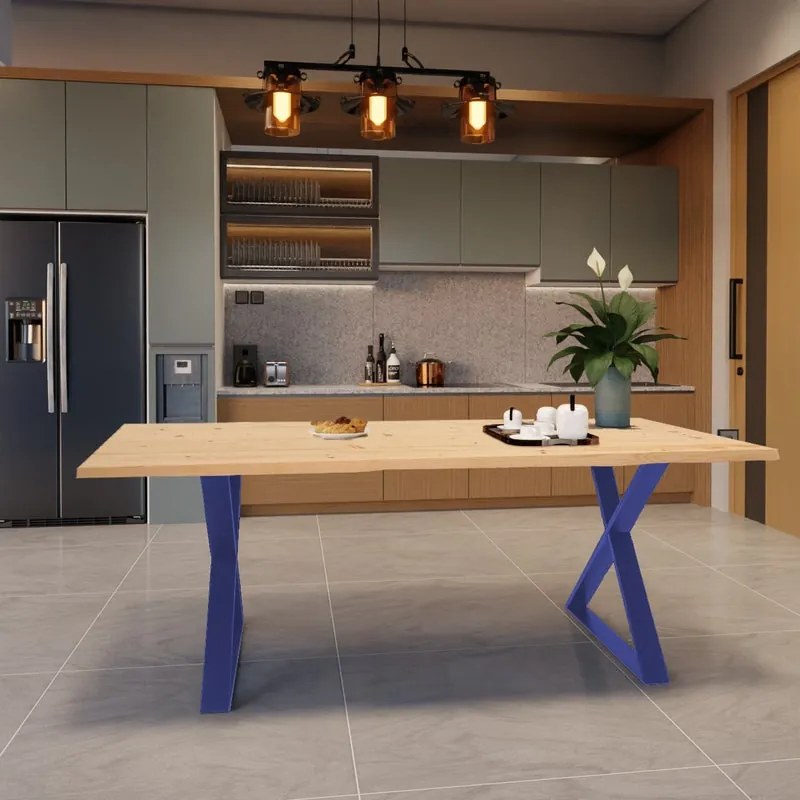 Tavolo da pranzo fisso in legno massello di abete grezzo 160X90X4 cm, 2 gambe Cross blu