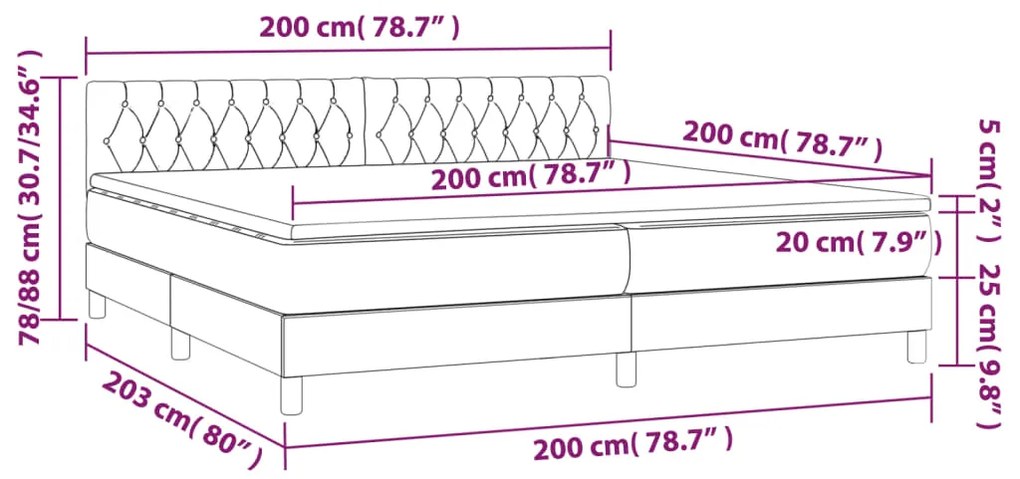 Letto a Molle Materasso e LED Grigio Scuro 200x200cm in Tessuto