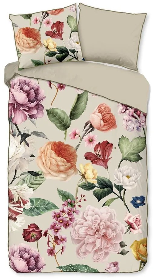 Set copripiumino e federa beige in raso di cotone per letto singolo ed esteso 140x220 cm Fiori – Descanso