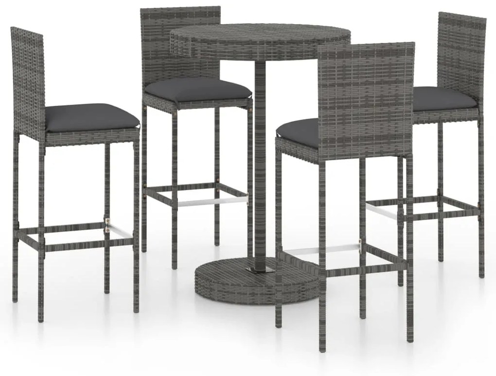 Set da Bar da Giardino 5 pz con Cuscini in Polyrattan Grigio