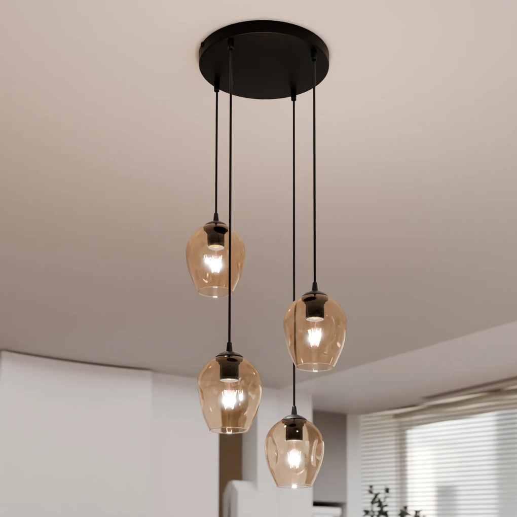Lampadario 4 Luci Fuxi Base Tonda In Acciaio Nero E Vetri Ambra