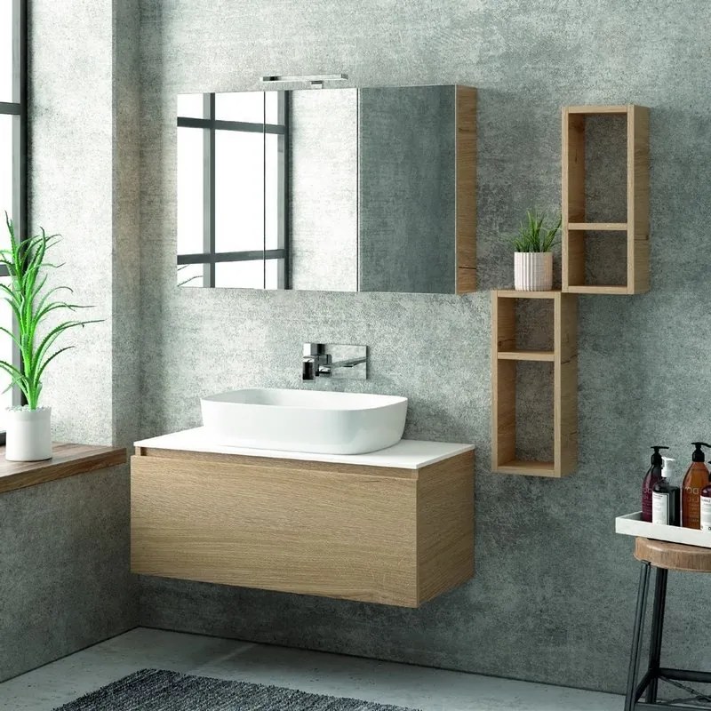 Composizione bagno 100cm sospesa con mobile specchio contenitore e 2 pensili - KAMALU