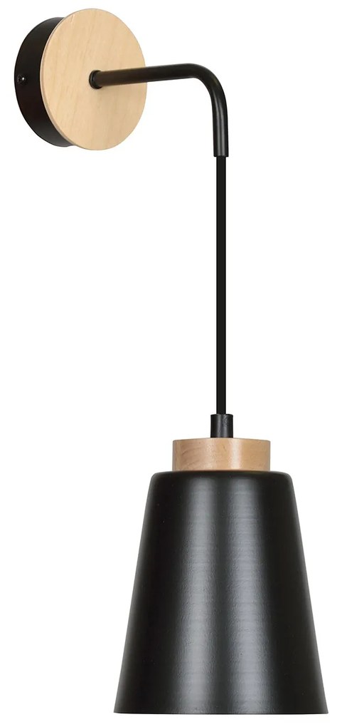 Applique 1 Luce Lancillotto A Cono In Acciaio Nero E Legno Naturale